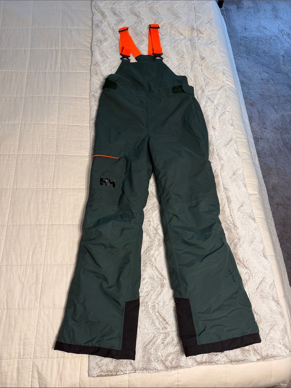Helly Hansen Youth Green Insulated Ski Bib Pants with Orange Suspenders